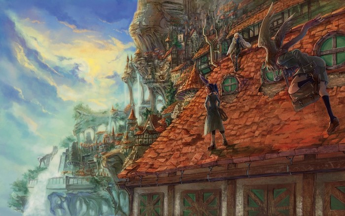 Fantasy city with waterfalls and people on rooftops