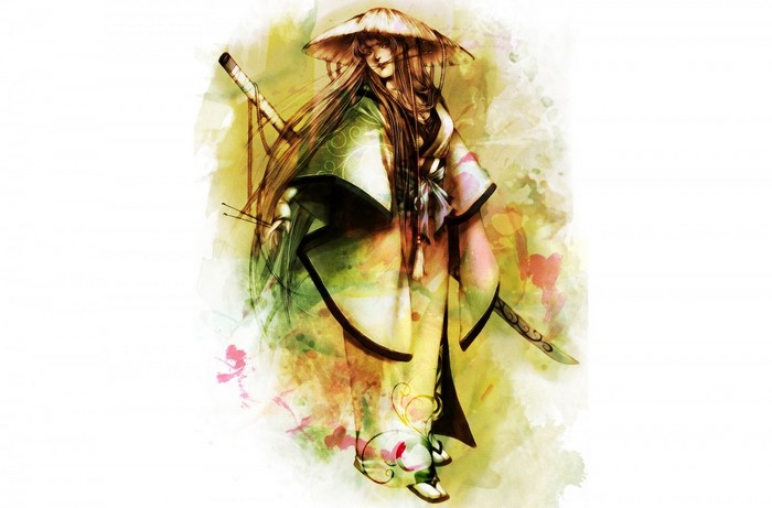 Illustration of a woman in samurai attire with a sword