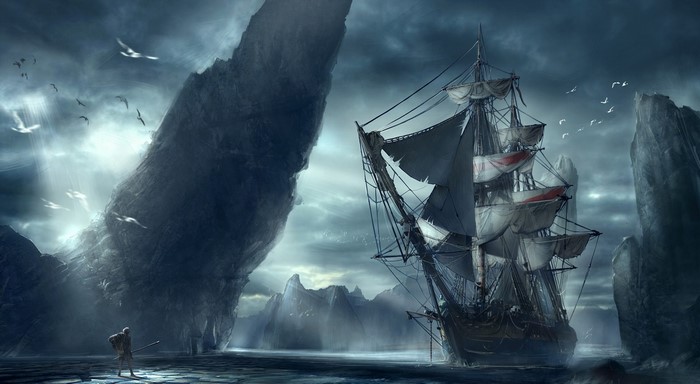 Sailing ship near rocky cliffs under a stormy sky