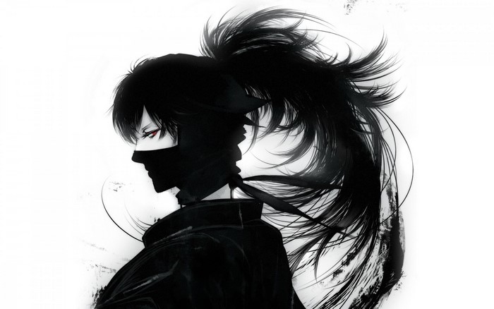 Anime character with black hair and red eyes wearing a mask