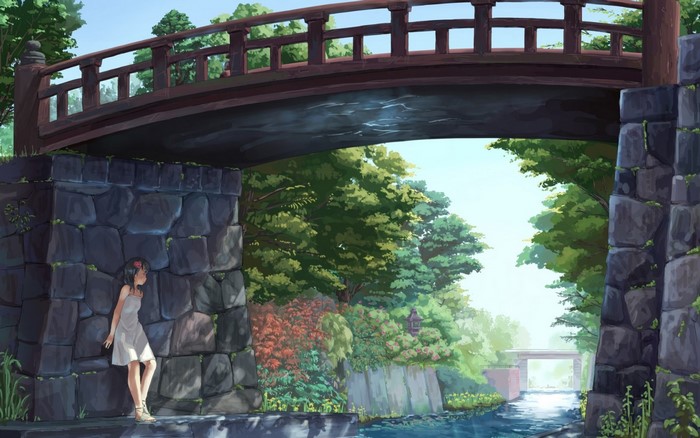 Anime girl in white dress under a wooden bridge by a waterway