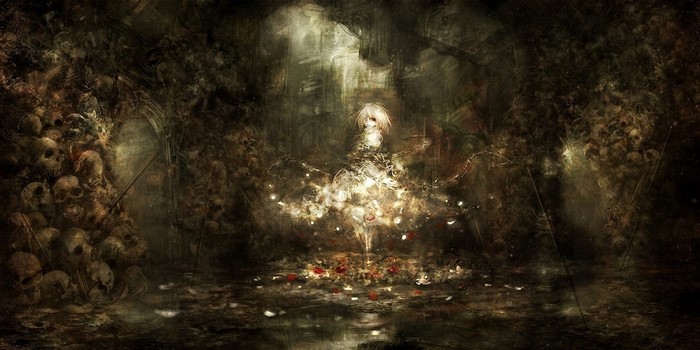A girl in a dark, skull-filled cave with light illuminating her