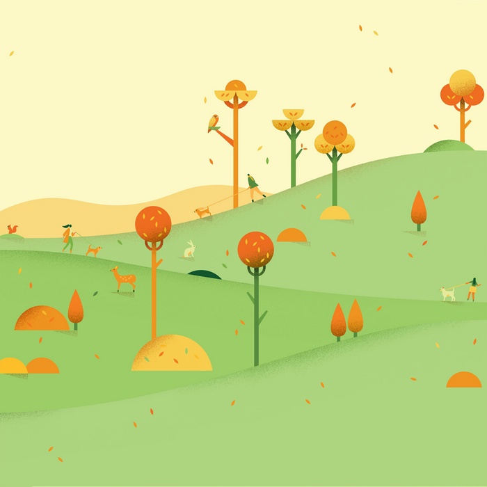 Abstract autumn park landscape with people and animals