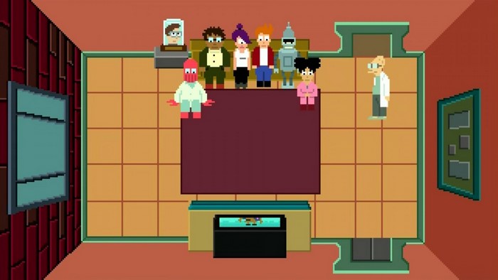 Futurama characters in a pixelated room