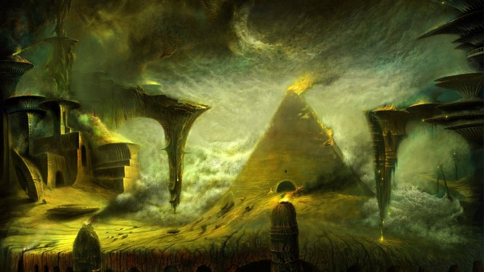 Surreal alien landscape with pyramid and strange structures