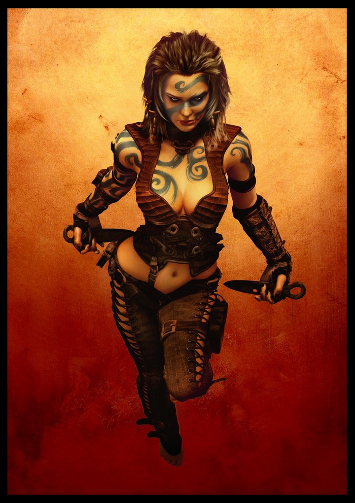 Warrior Woman with Tattoos and Knives