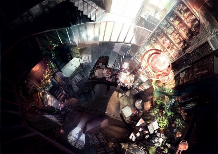 Anime scene with a girl at a desk and a spiral staircase