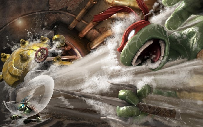 Raphael and Leonardo from Teenage Mutant Ninja Turtles in a sewer