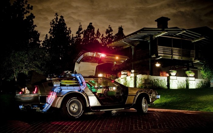 DeLorean time machine from Back to the Future at night