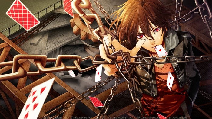 Anime boy with chains and playing cards