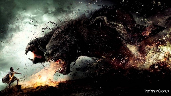 Man fighting a chained monster with fire and explosions