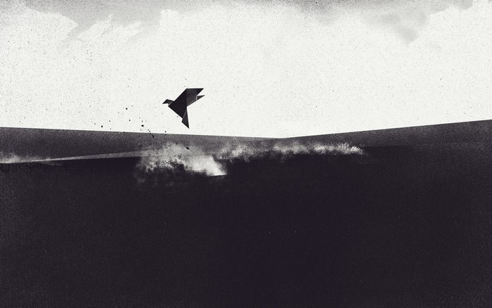 Origami bird flying over a dark wave
