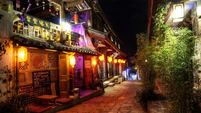 Nighttime Asian Alley with Lanterns