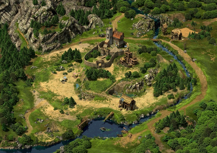 Medieval village with castle and river
