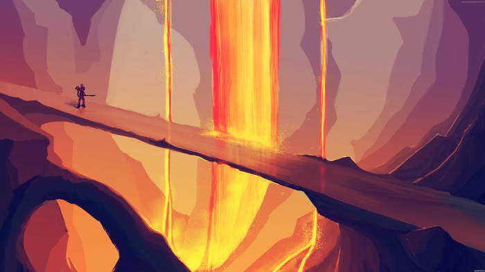Fantasy character on a bridge over lava