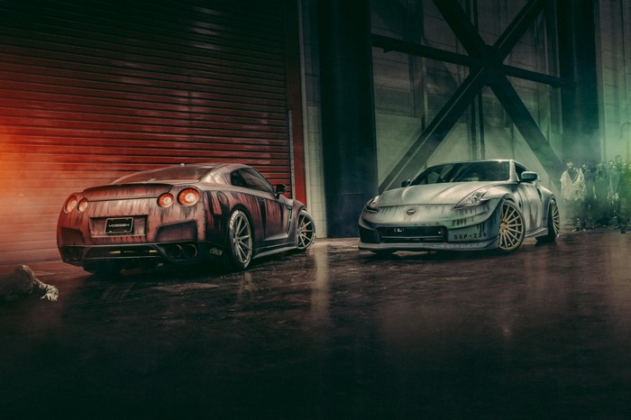 Nissan GT-R and 370Z with zombies