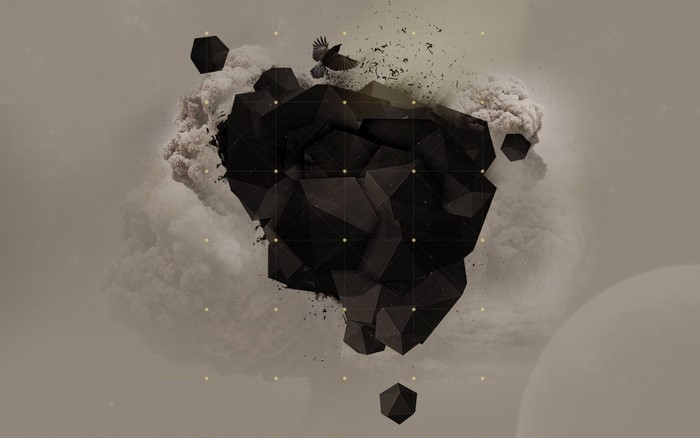 Abstract black geometric shapes and smoke with a bird