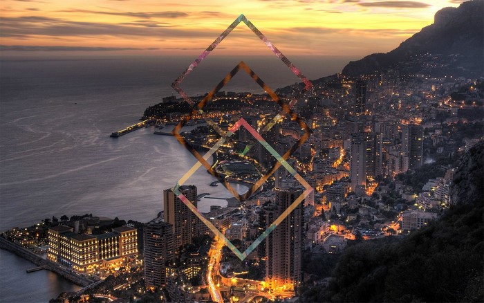 Cityscape at dusk with geometric overlays