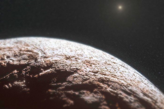 Planet surface with craters and a distant star