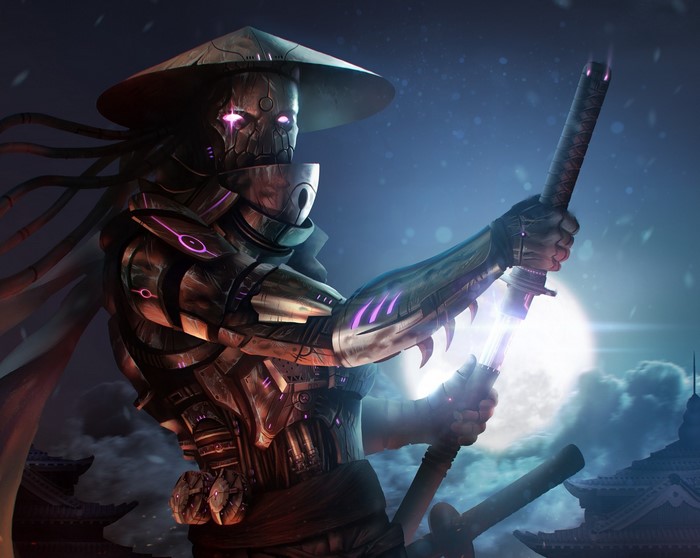 Cyberpunk samurai with glowing katana under the moon