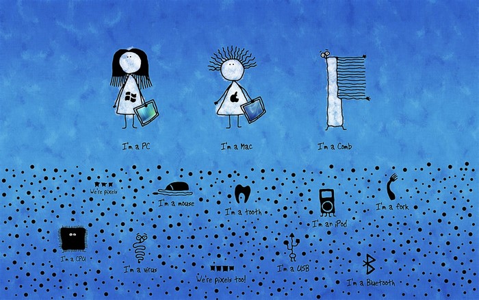 Humorous computer-themed illustration with text