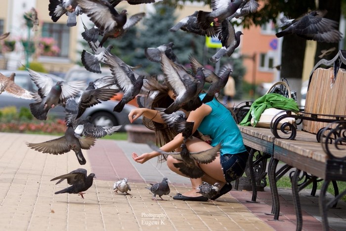 Woman feeding pigeons in Gomel