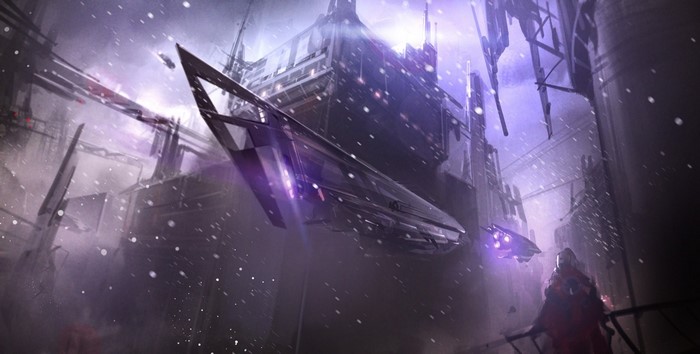 Spaceship in a futuristic city during a snowstorm