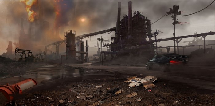 Apocalyptic industrial landscape with a car