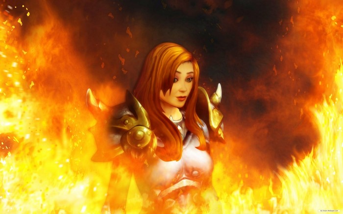 Woman in armor surrounded by fire