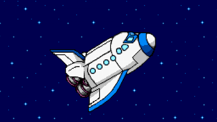 Pixel art spaceship in starry outer space