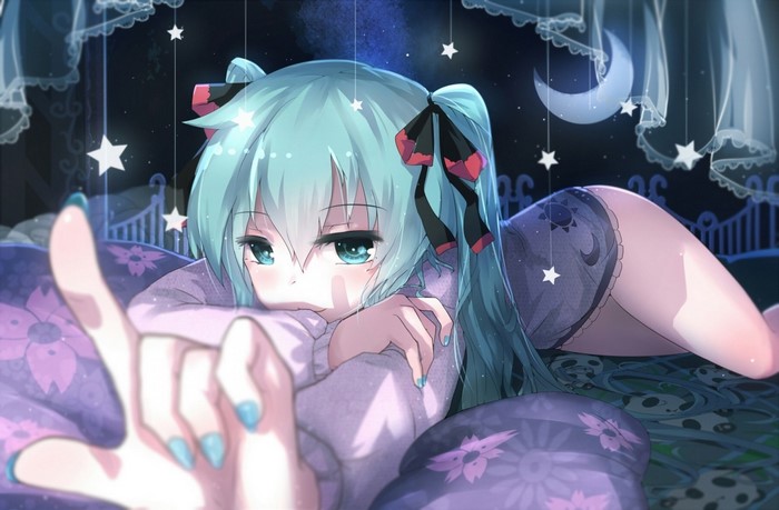 Hatsune Miku from Vocaloid in a bedroom setting