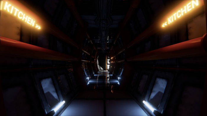 Sci-fi corridor with "KITCHEN" signs