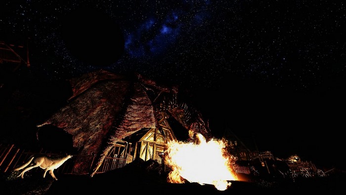 The Elder Scrolls V Skyrim night scene with bonfire and wolf