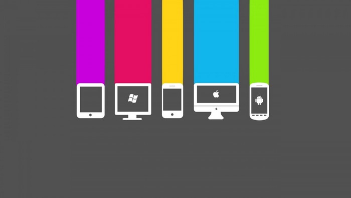Digital devices with operating system logos and colorful stripes
