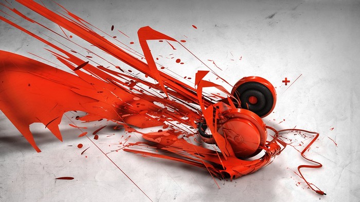 Red headphones with abstract paint splashes