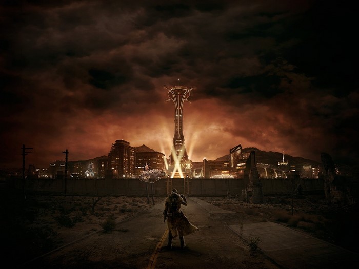 Character in Fallout: New Vegas overlooking a city at night