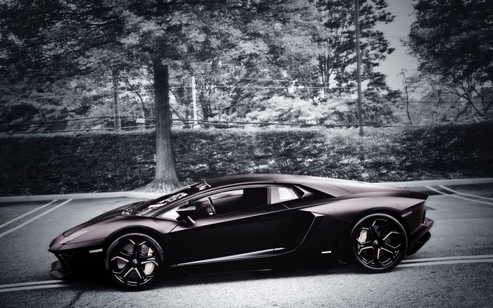 Black Lamborghini Aventador parked on asphalt road