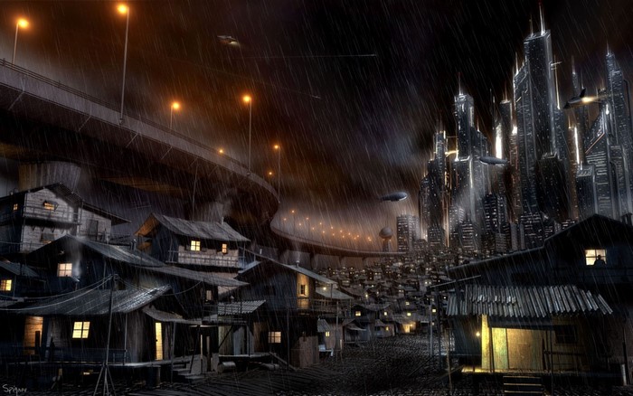Futuristic Cityscape at Night in the Rain