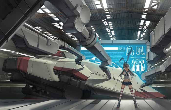 Shimakaze from Kantai Collection in a hangar with a mecha