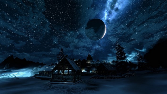 The Elder Scrolls V Skyrim night scene with a large moon