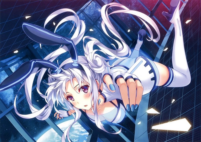 Anime girl with silver hair and bunny ears falling