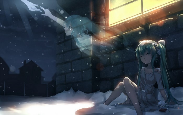 Hatsune Miku in the snow reaching for a spirit