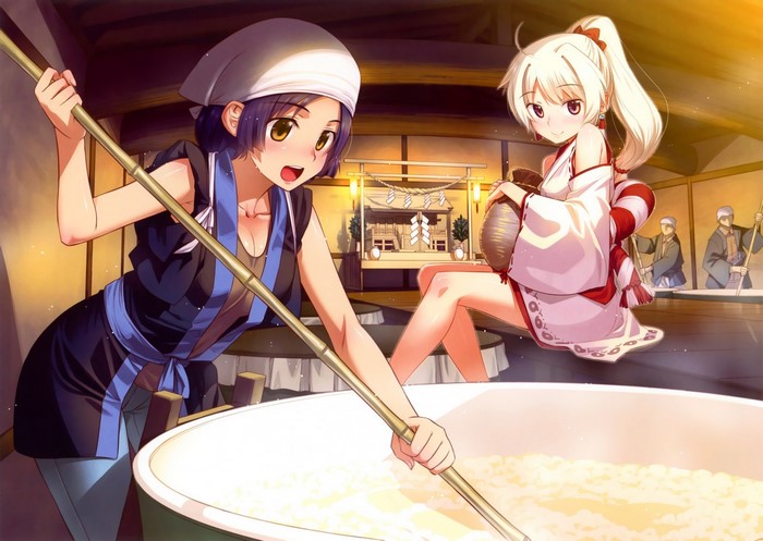Anime characters preparing food in a traditional Japanese setting