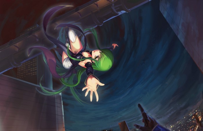 C.C. from Code Geass falling from a building