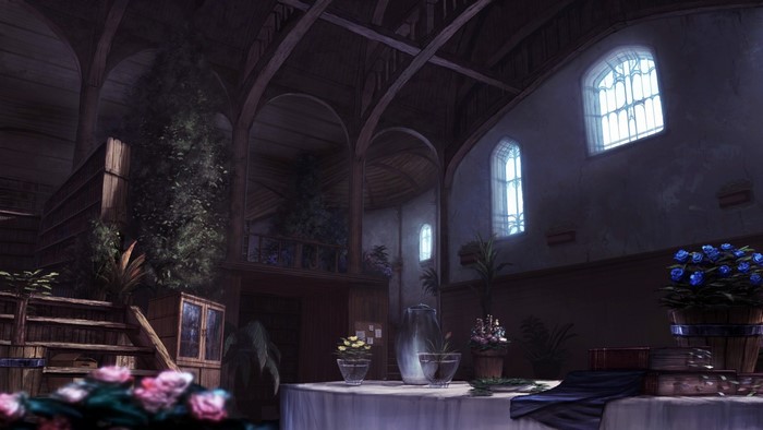 Interior of a building with plants and flowers