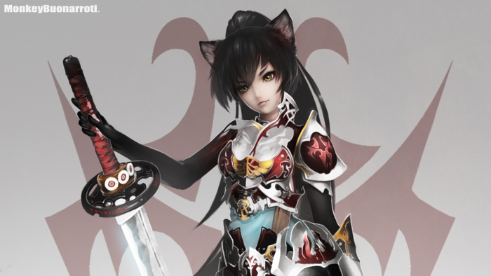 Anime cat girl holding a katana with ornate armor
