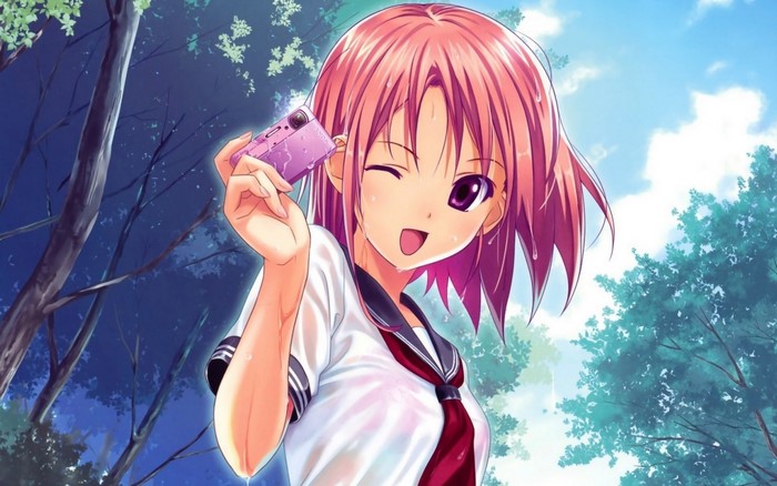 Anime girl with pink hair holding a pink phone
