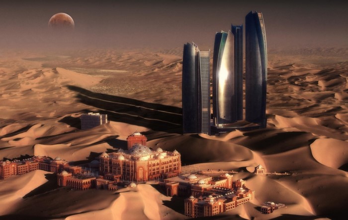 Futuristic city in a desert landscape with a moon