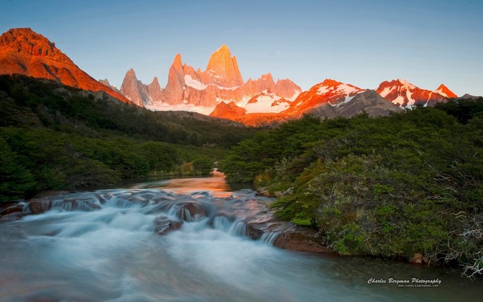Fitz Roy Mountains at Sunrise with River