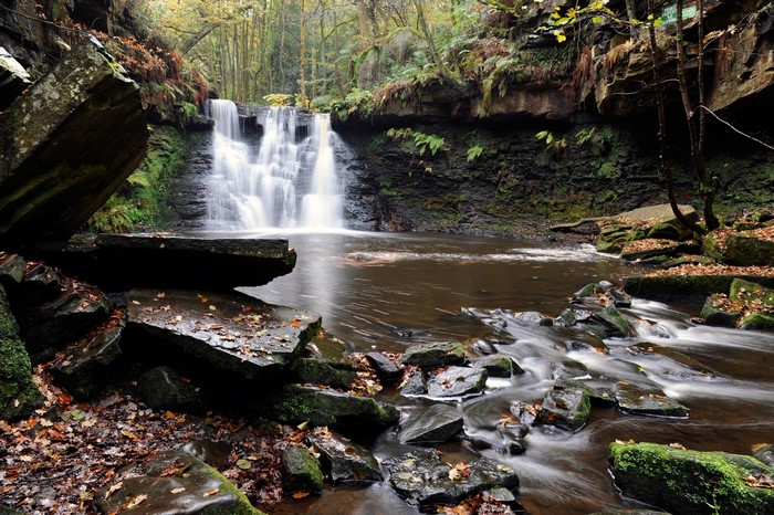 Waterfall in a forest with rocks and autumn leaves